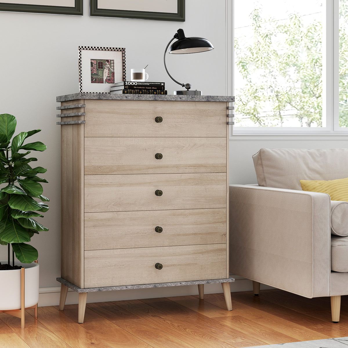 Farmhouse Chest Dresser with 5 Drawers, Gray