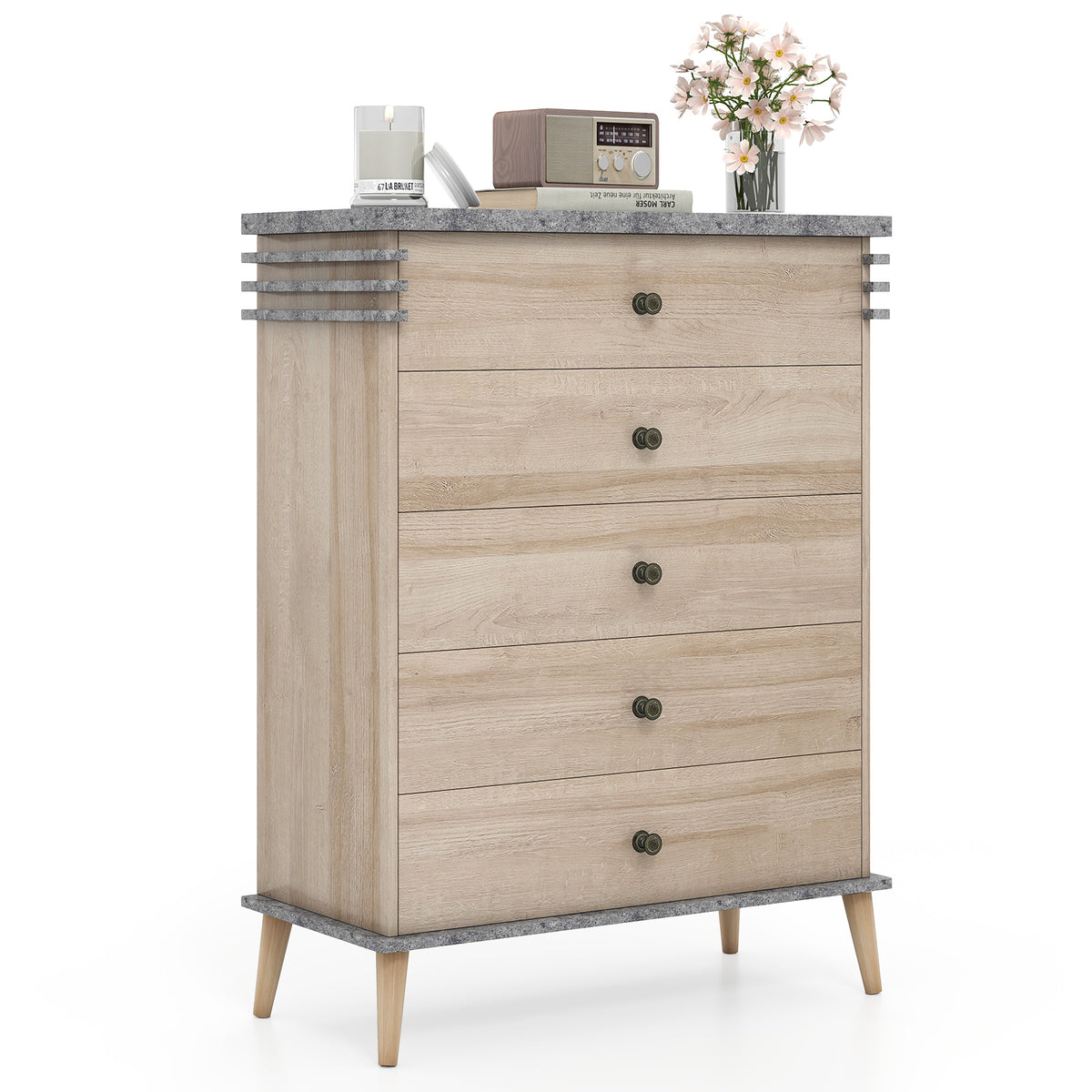 Farmhouse Chest Dresser with 5 Drawers, Gray