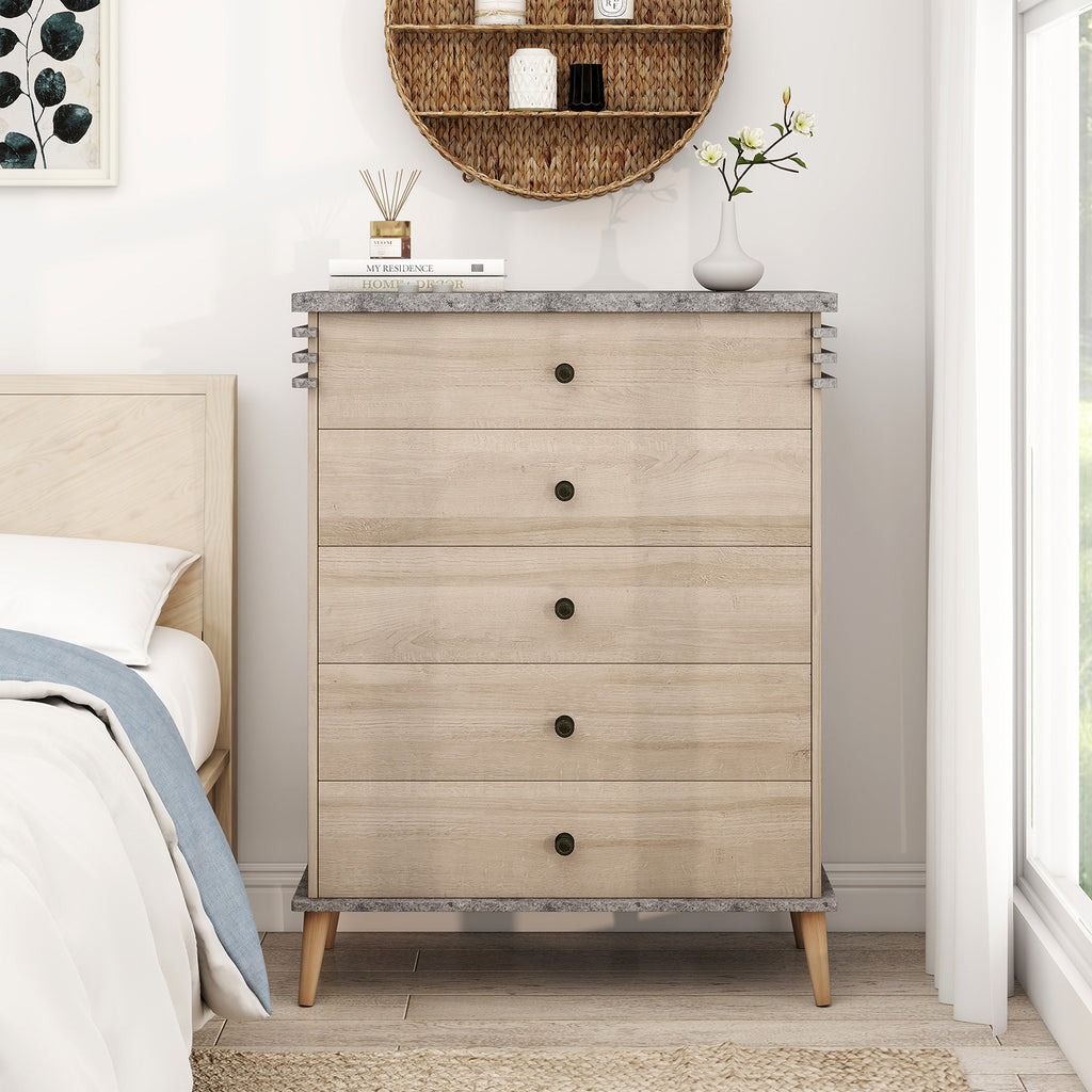 Farmhouse Chest Dresser with 5 Drawers, Gray
