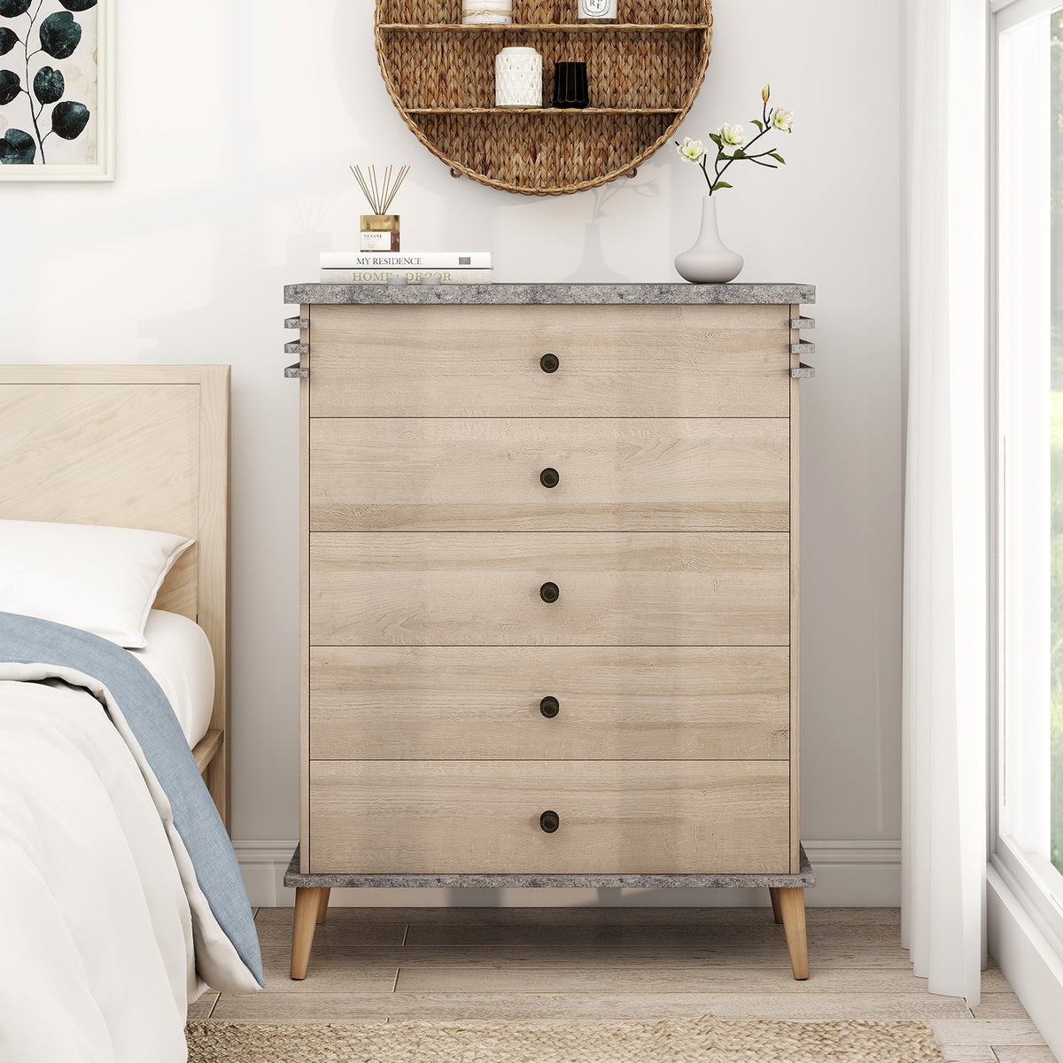 Farmhouse Chest Dresser with 5 Drawers, Gray