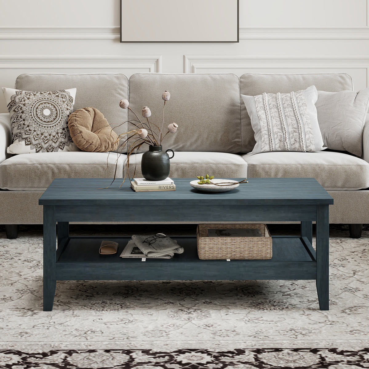 Farmhouse Coffee Table Rustic Cocktail Center Table Blue