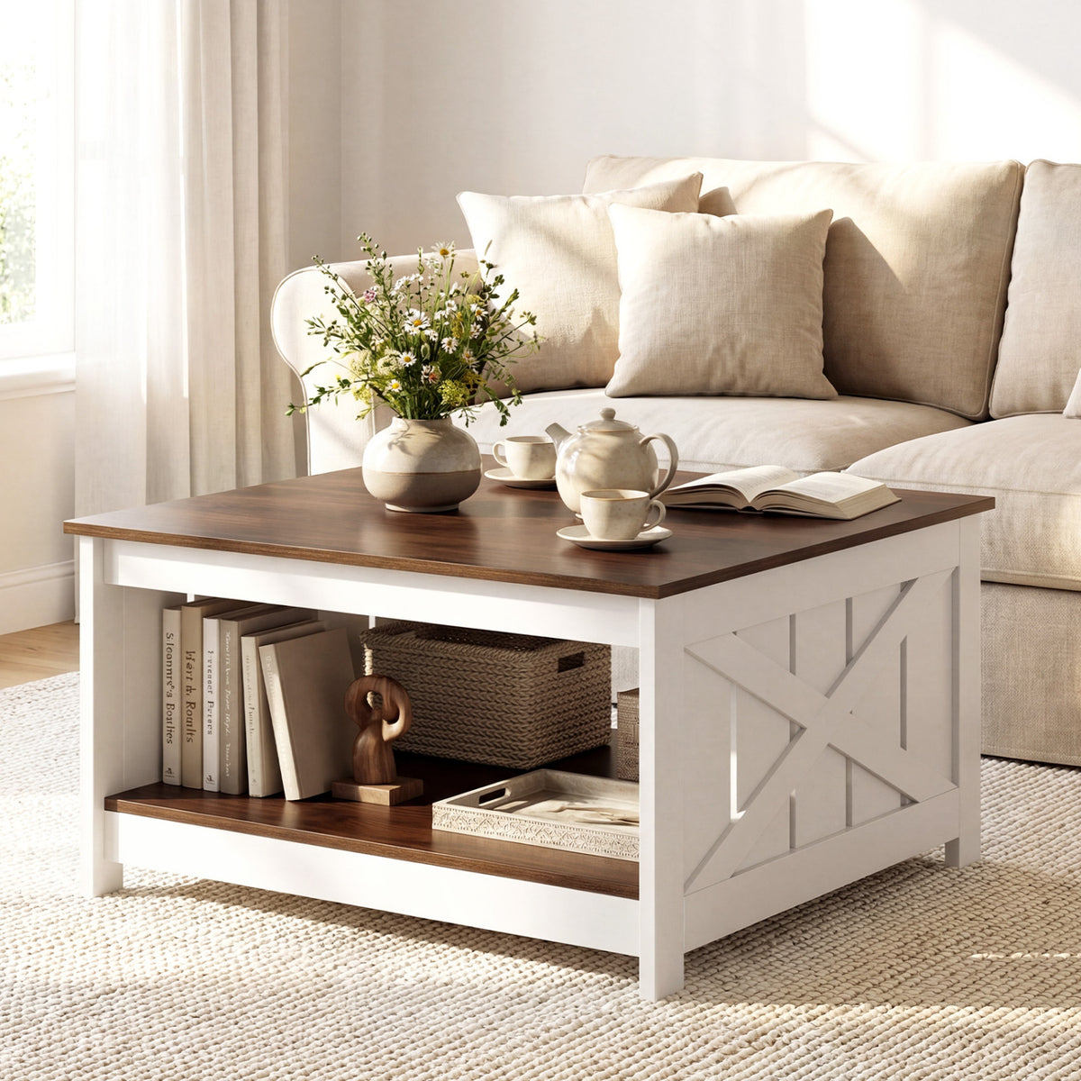 Farmhouse Coffee Table 31 Inch Square with Storage - White