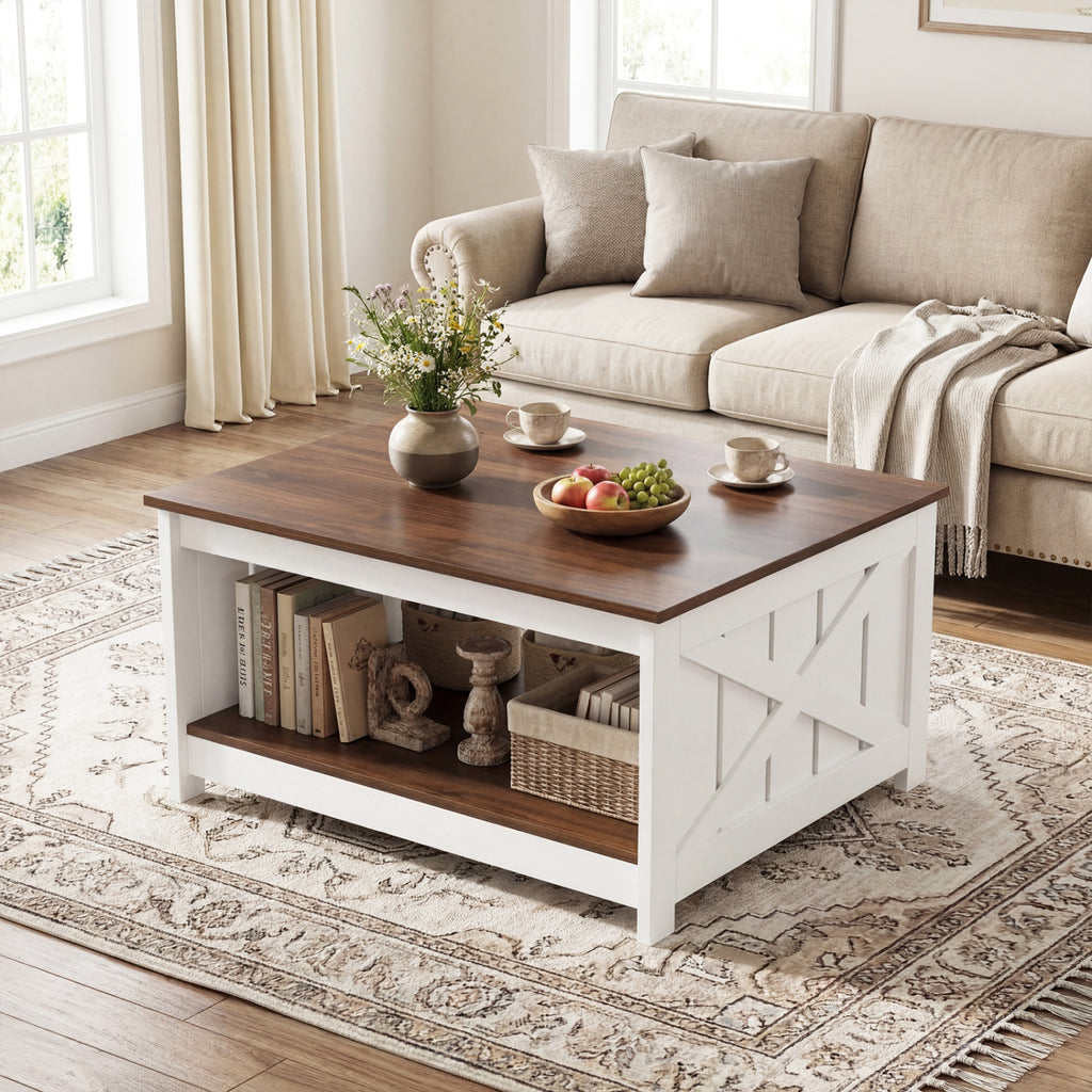 Farmhouse Coffee Table 31 Inch Square with Storage - White