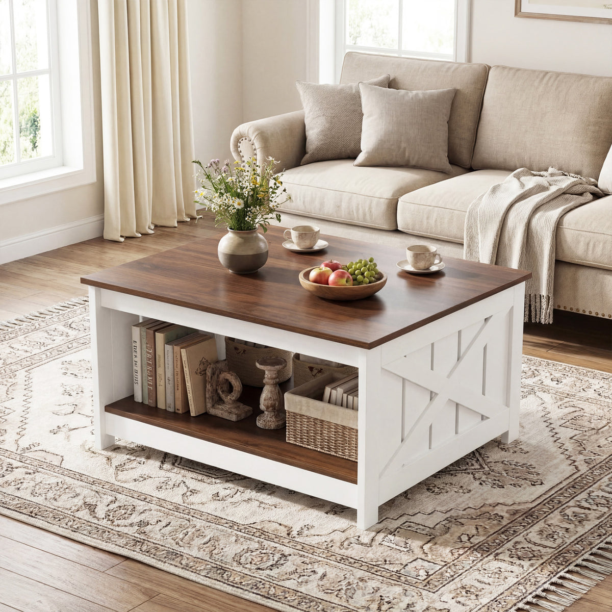 Farmhouse Coffee Table 31 Inch Square with Storage - White