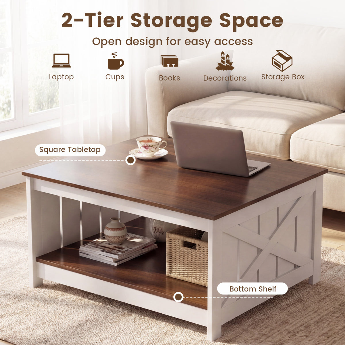 Farmhouse Coffee Table 31 Inch Square with Storage Shelf - White