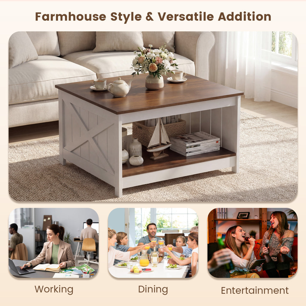 Farmhouse Coffee Table 31 Inch Square with Storage - White