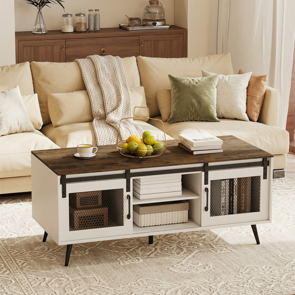 Farmhouse Coffee Table with Sliding Doors - Rustic Brown
