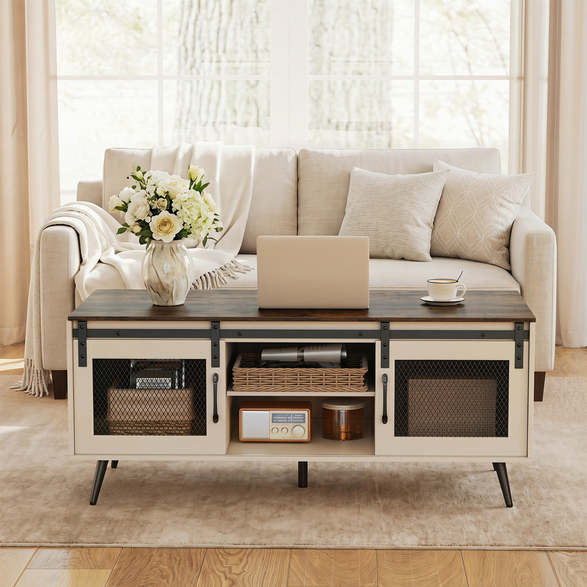 Farmhouse Coffee Table with Sliding Doors - Rustic Brown