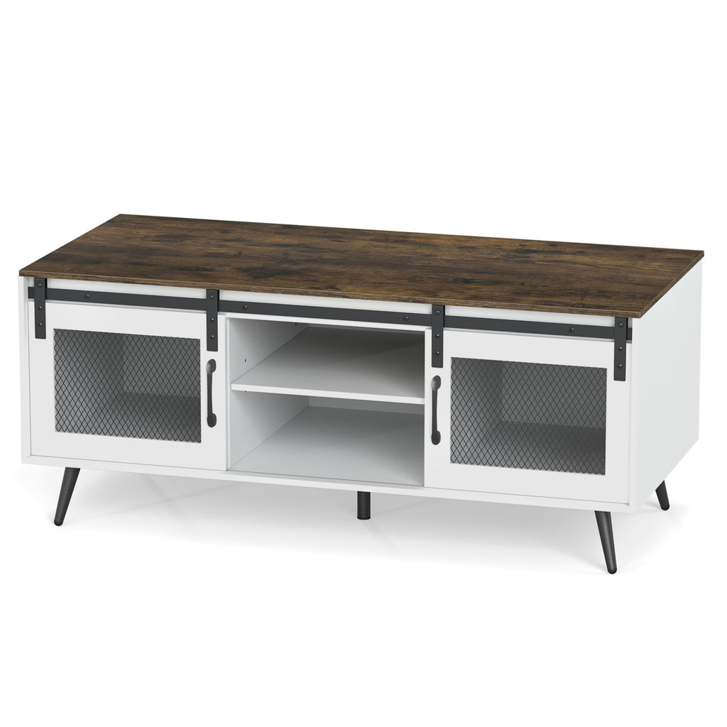 Farmhouse Coffee Table with Sliding Doors & Shelf – Rustic Brown