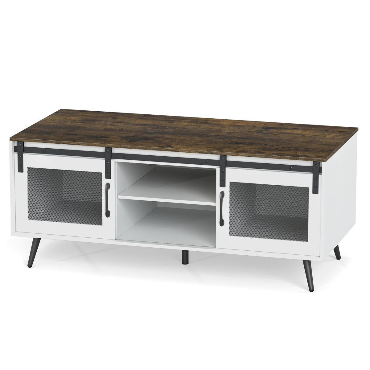 Farmhouse Coffee Table with Sliding Doors & Shelf – Rustic Brown