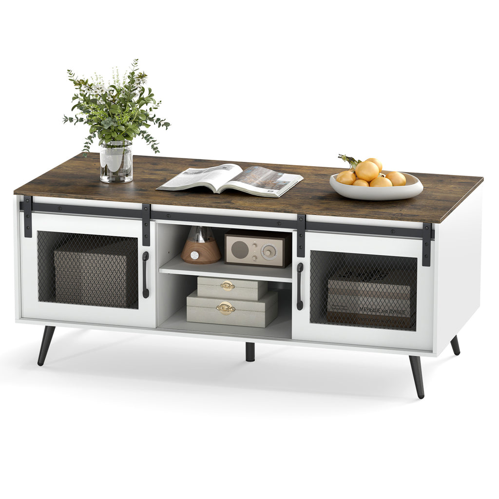 Farmhouse Coffee Table with Sliding Doors & Shelf – Rustic Brown