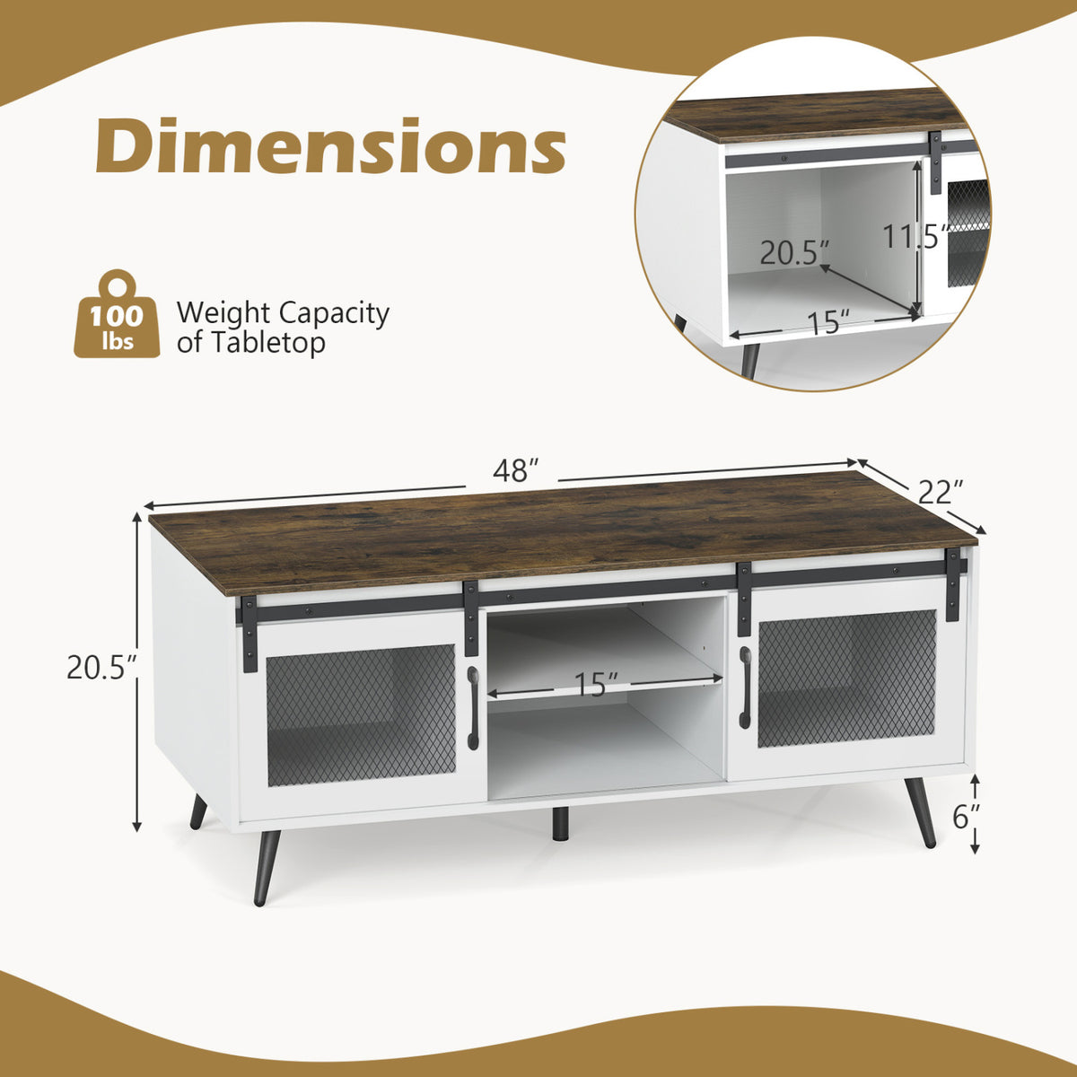Farmhouse Coffee Table with Sliding Doors & Shelf – Rustic Brown