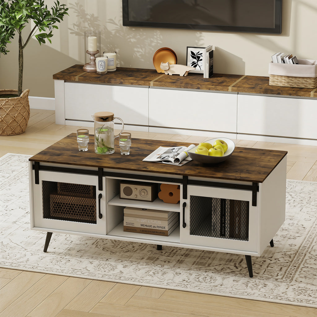 Farmhouse Coffee Table with Sliding Doors & Shelf – Rustic Brown