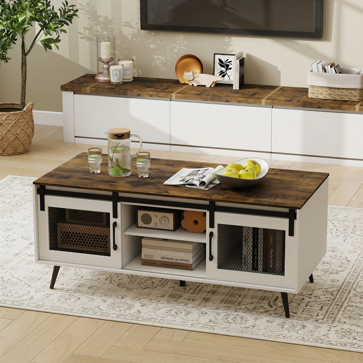 Farmhouse Coffee Table with Sliding Doors & Shelf – Rustic Brown