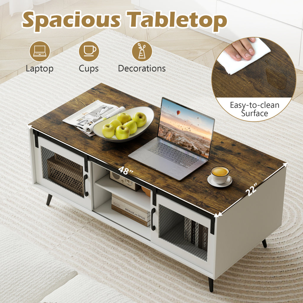 Farmhouse Coffee Table with Sliding Doors & Shelf – Rustic Brown