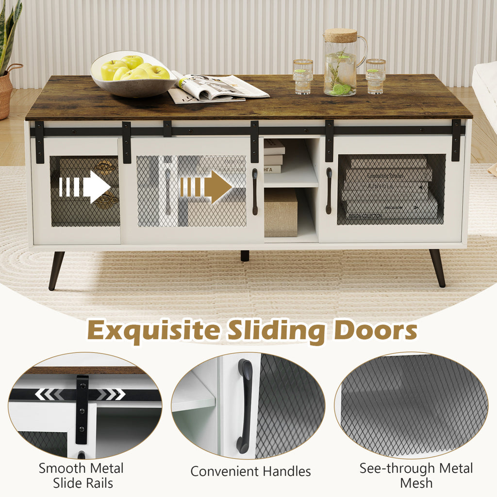 Farmhouse Coffee Table with Sliding Doors & Shelf – Rustic Brown