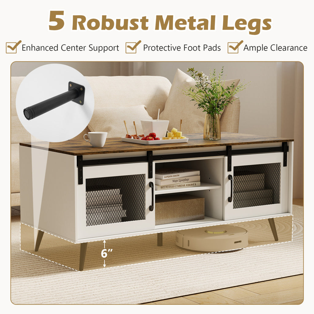Farmhouse Coffee Table with Sliding Doors - Rustic Brown