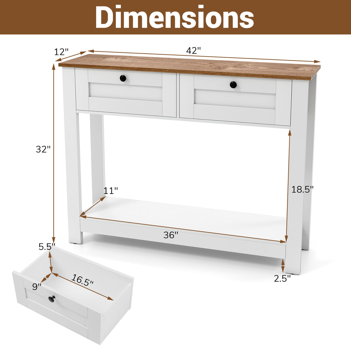 Farmhouse Console Table 42" - 2 Drawers, Entryway