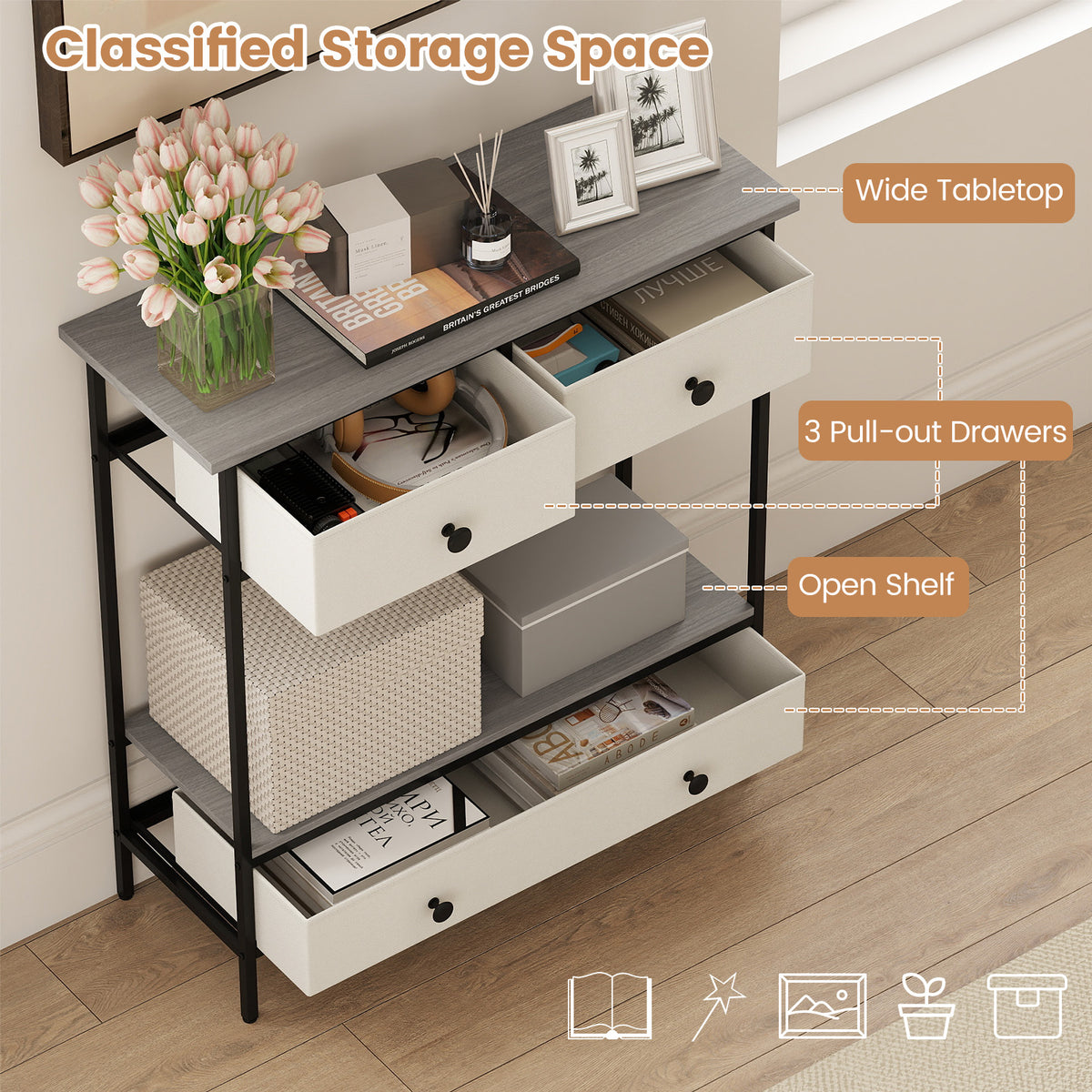 Farmhouse Console Table with Storage Drawers, Gray