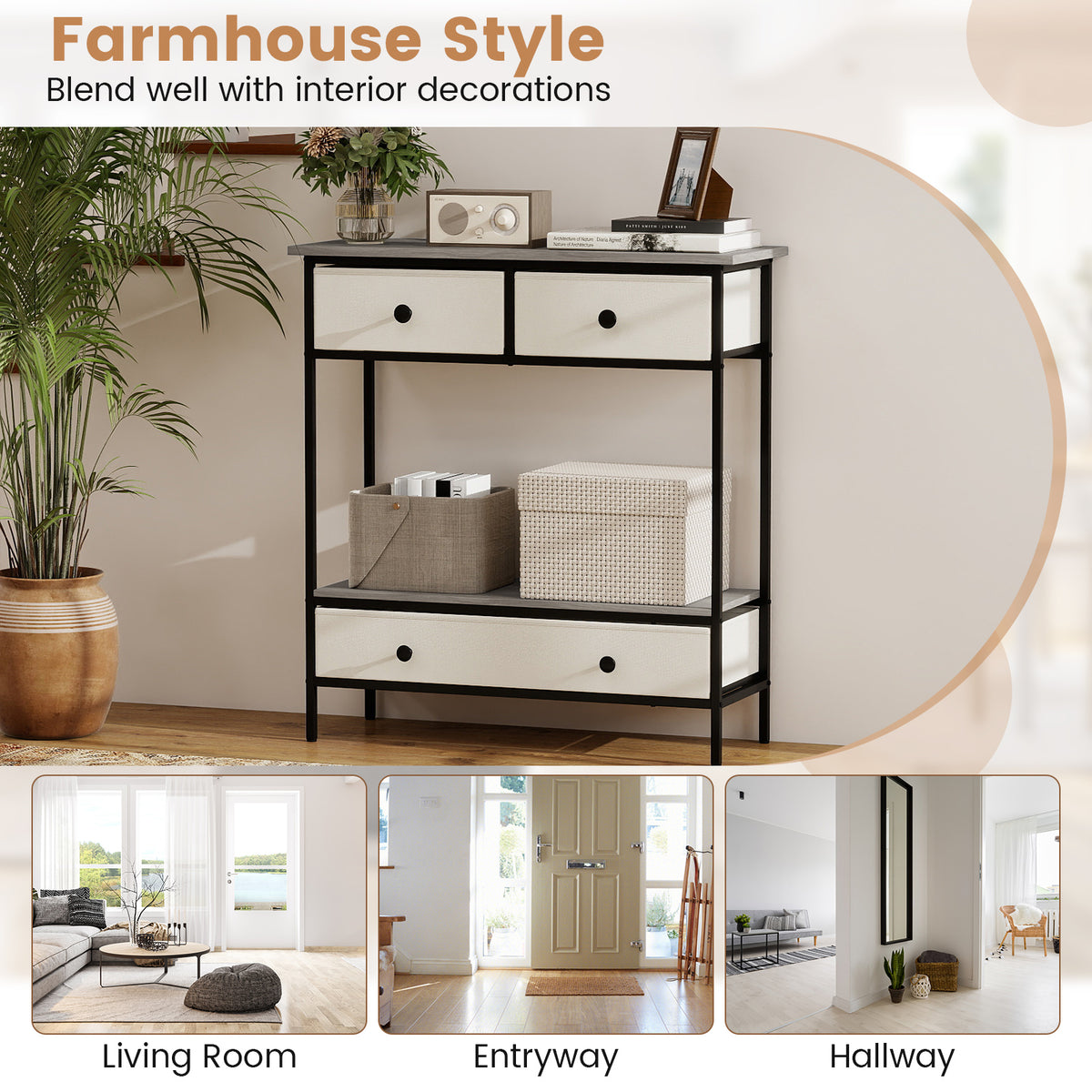 Farmhouse Console Table with Storage Drawers, Gray