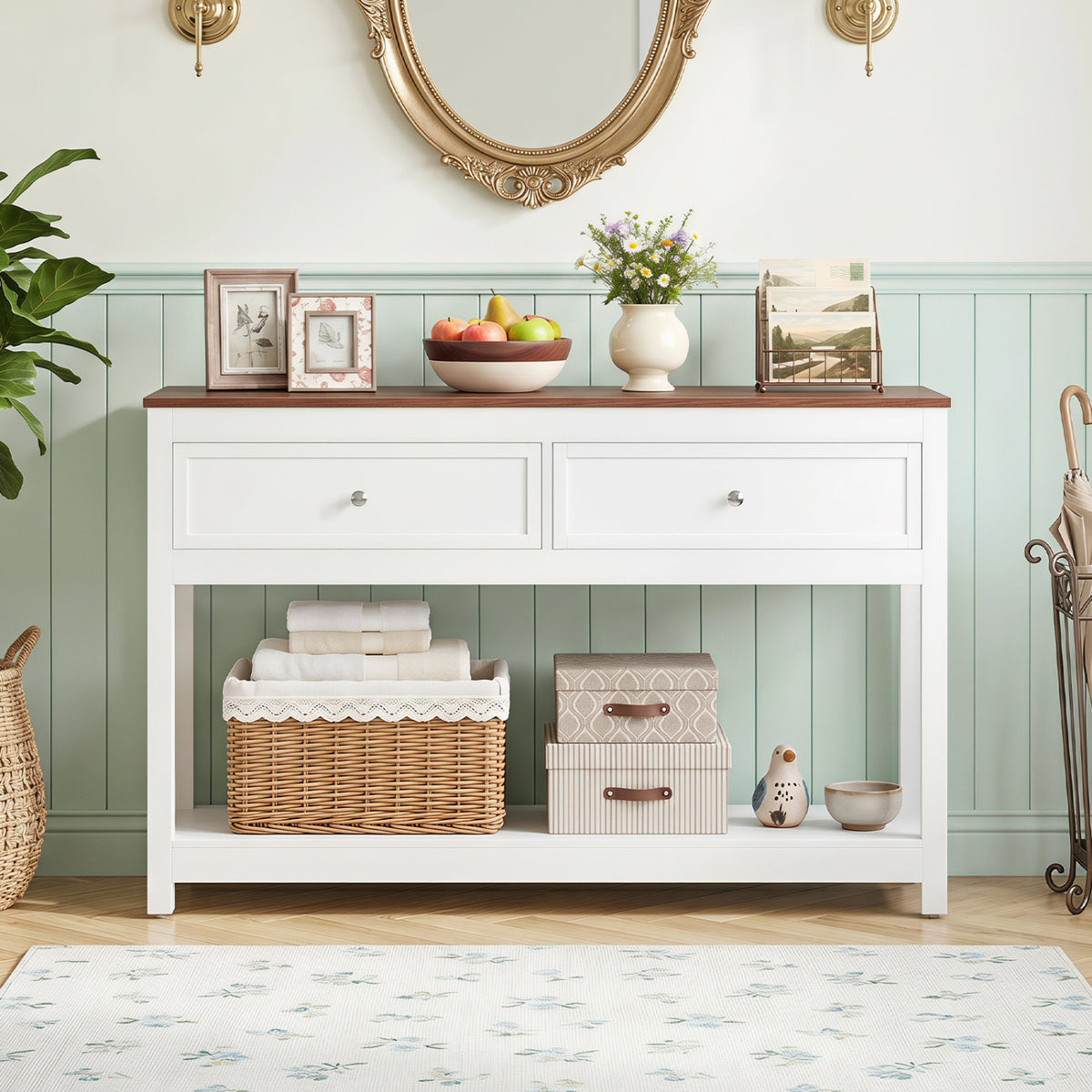 Farmhouse Console Table with 2 Drawers & Open Storage Shelf