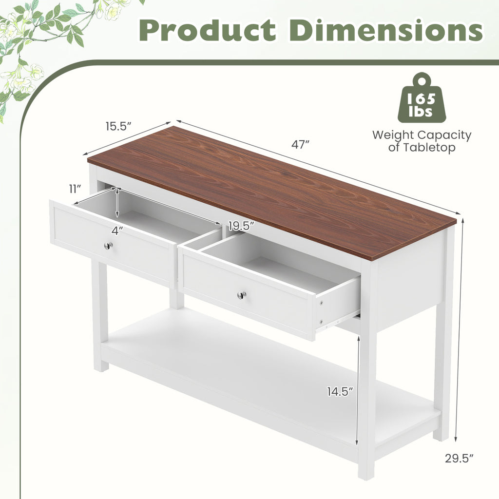 Farmhouse Console Table with 2 Drawers & Open Storage Shelf