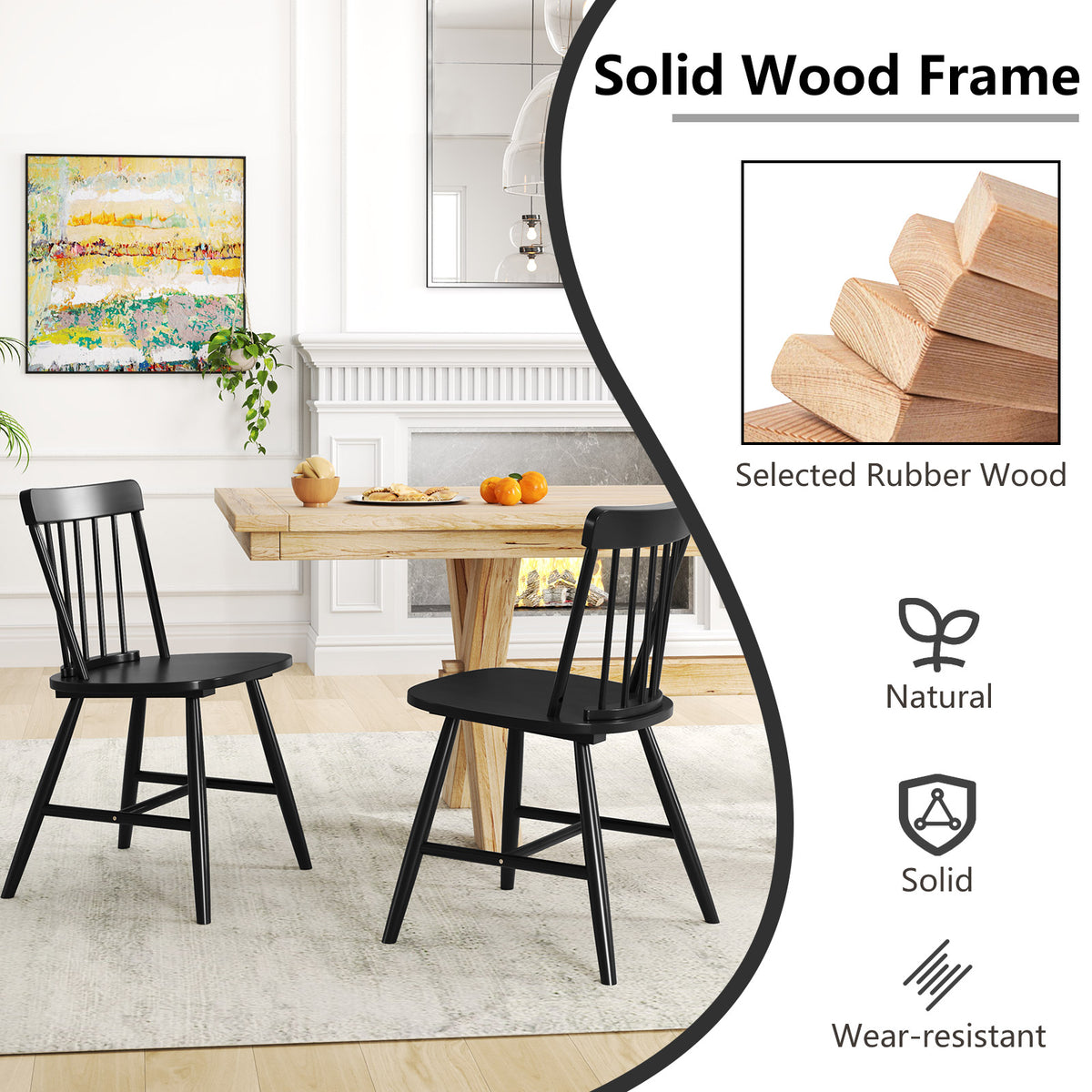 Farmhouse Kitchen Chair Set of 2, Black Fence Backrest