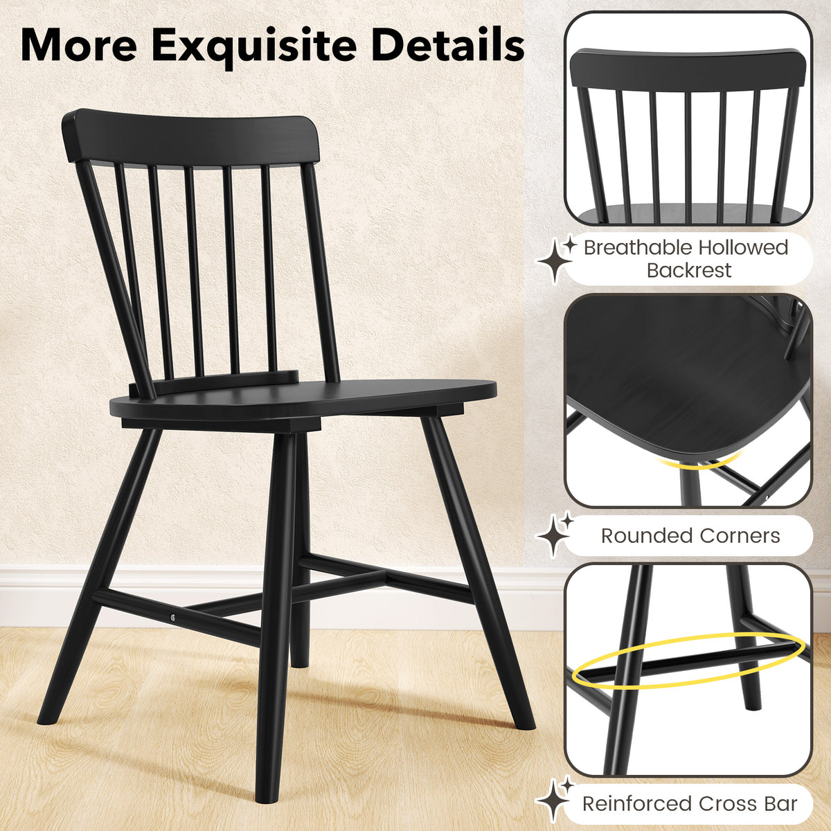 Farmhouse Kitchen Chair Set of 2, Black Fence Backrest