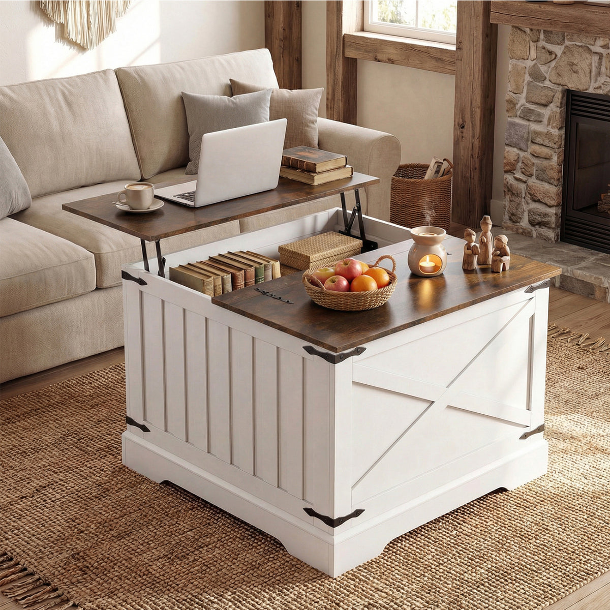 Farmhouse Lift Top Coffee Table with Hidden Storage - Rustic Brown
