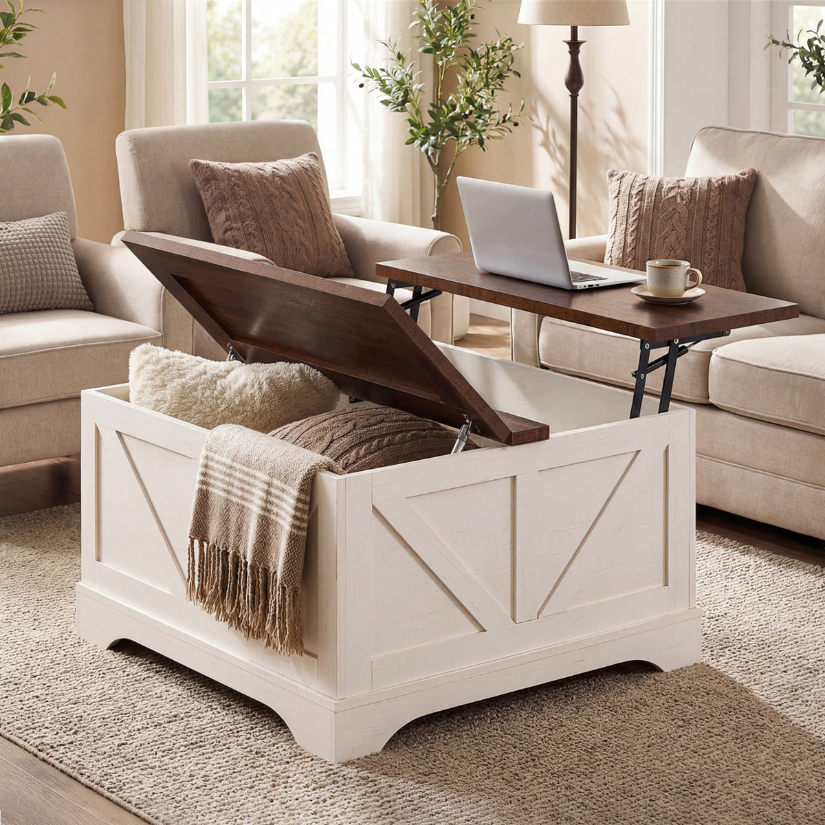 31.5" Square Lift-Top Coffee Table with Hidden Storage - Rustic Brown