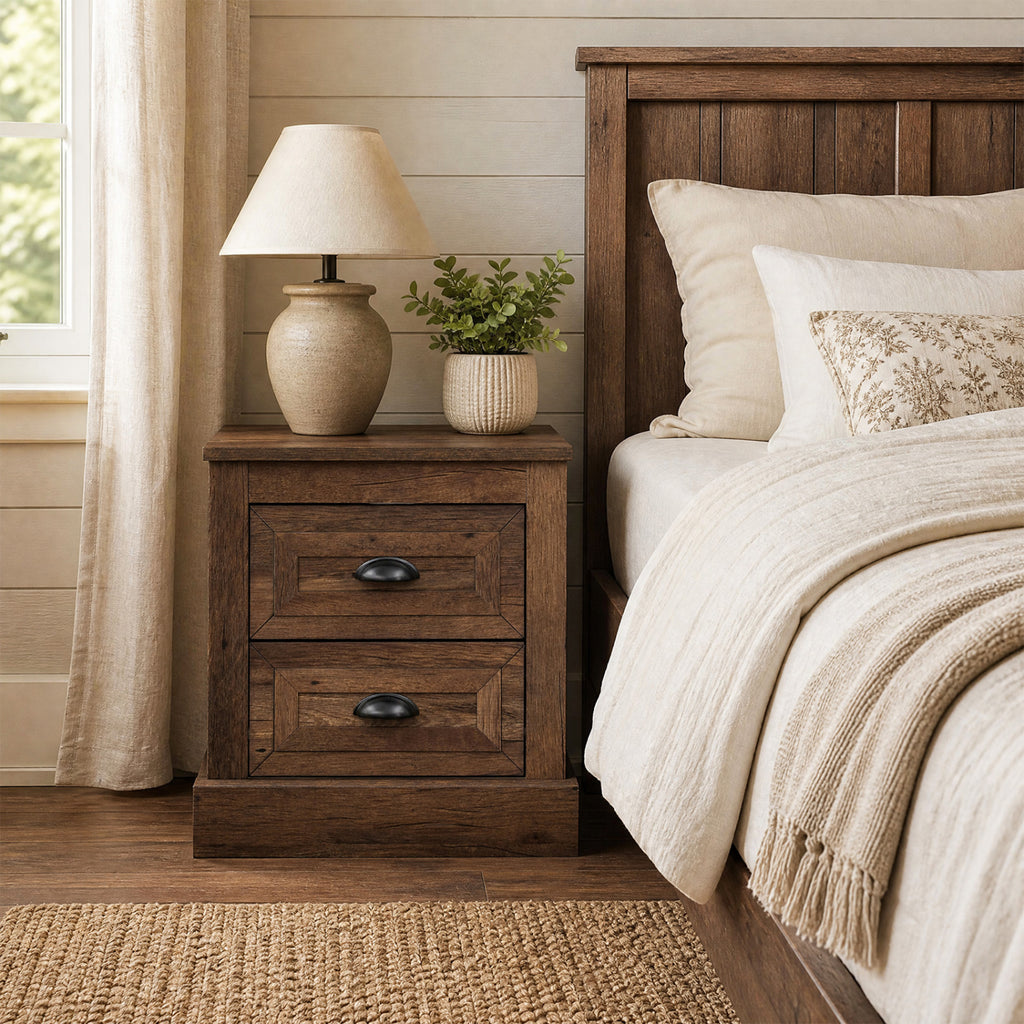 Farmhouse Nightstand with 2 Drawers - Brown
