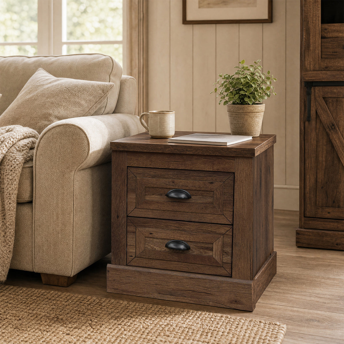 Farmhouse Nightstand with 2 Drawers - Brown
