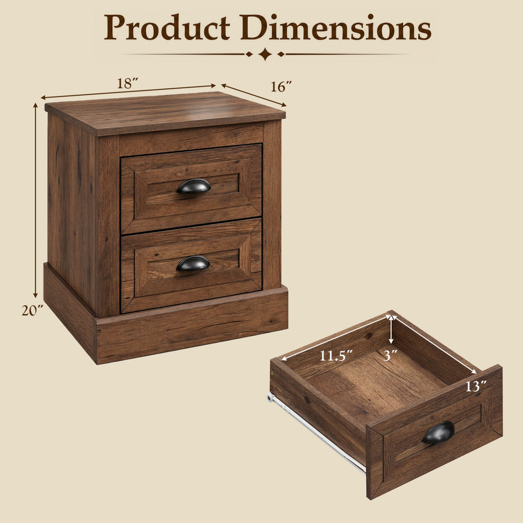 Farmhouse Nightstand with 2 Drawers - Brown