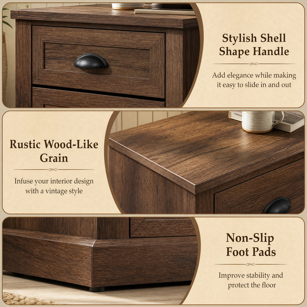Farmhouse Nightstand with 2 Drawers - Brown