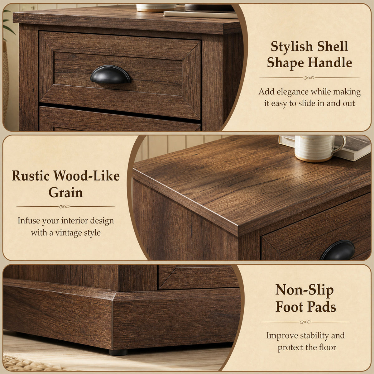 Farmhouse Nightstand with 2 Drawers - Brown
