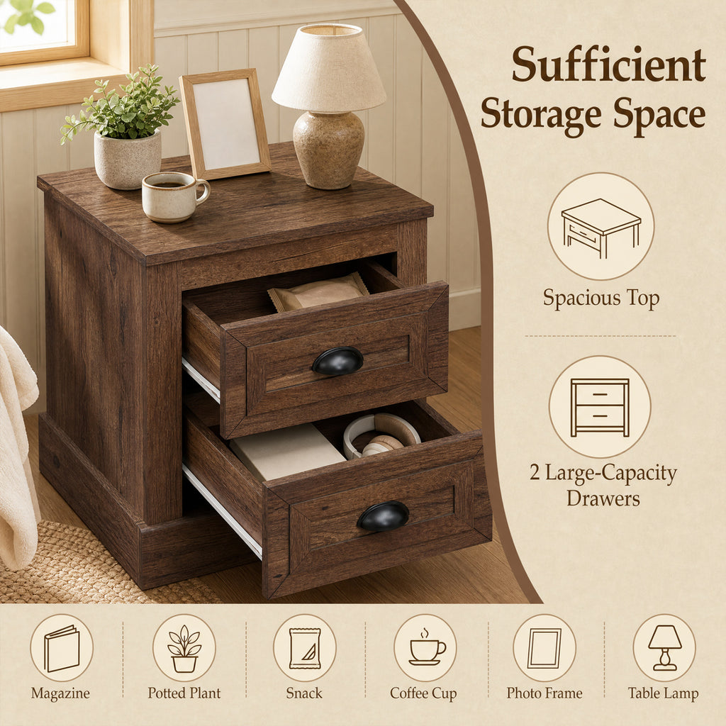Farmhouse Nightstand with 2 Drawers - Brown