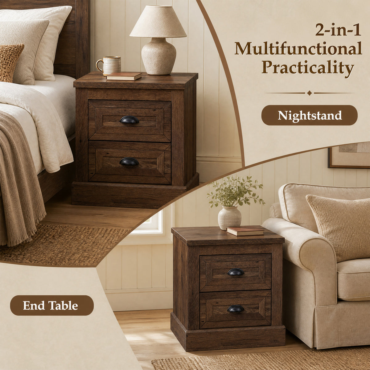 Farmhouse Nightstand with 2 Drawers - Brown