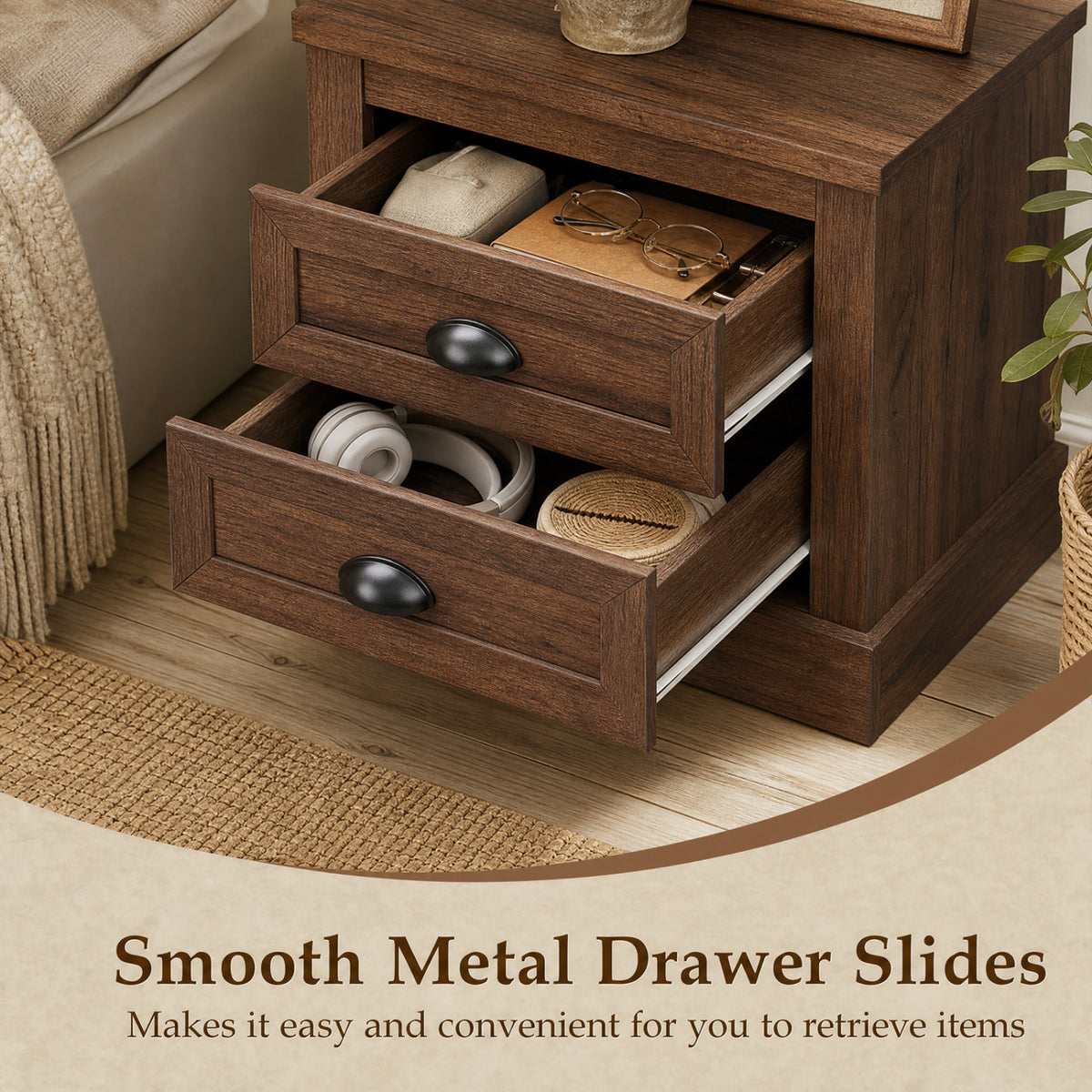 Farmhouse Nightstand with 2 Drawers - Brown