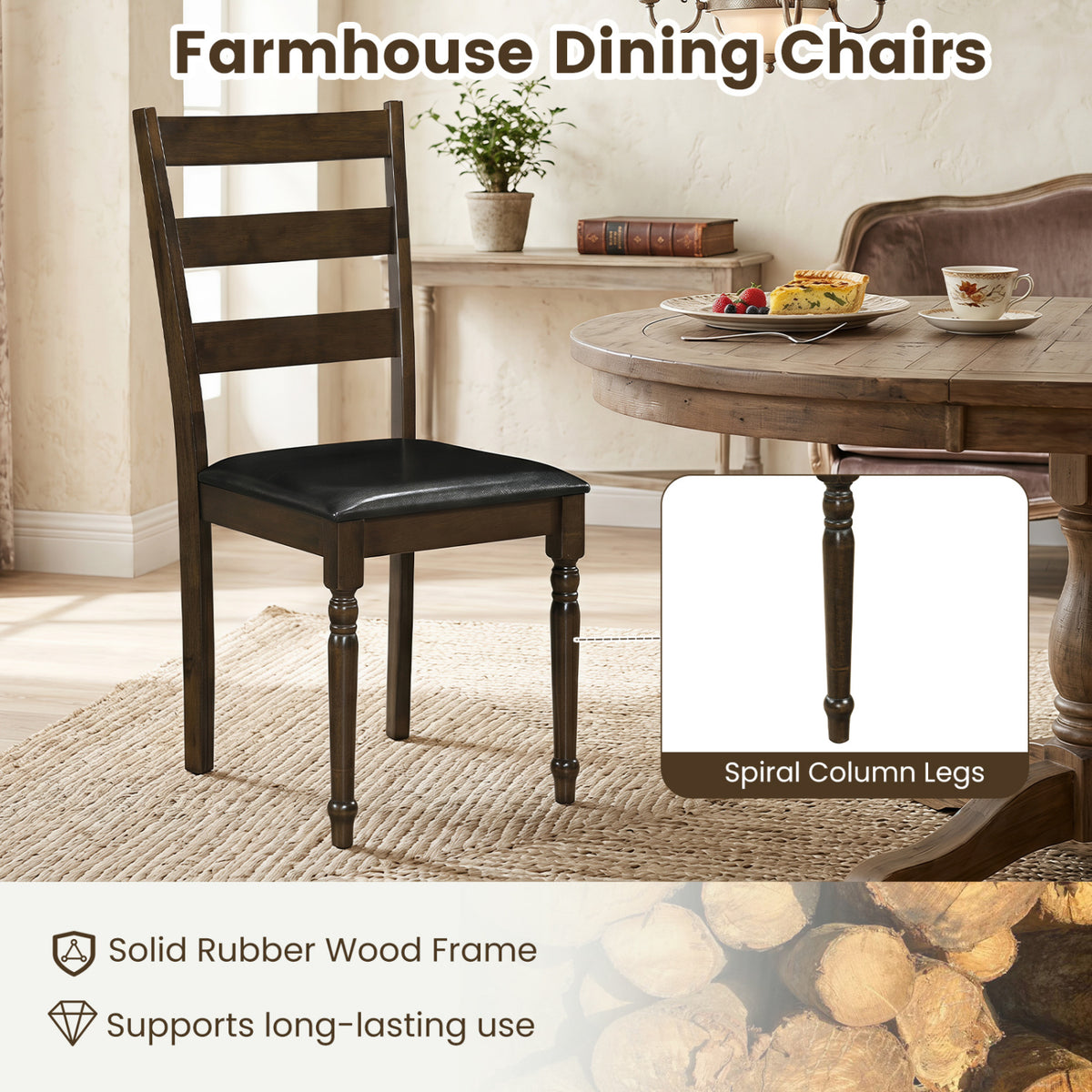 Farmhouse PU Leather Dining Chairs Set of 4 - Black