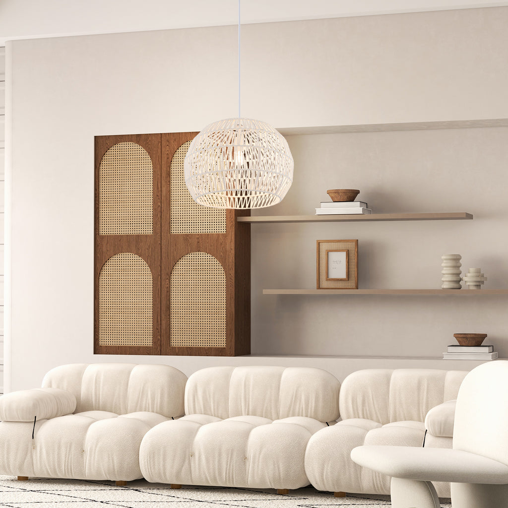 Beige Round Farmhouse Rattan Pendant Light with Adjustable Rope - 12 Inch