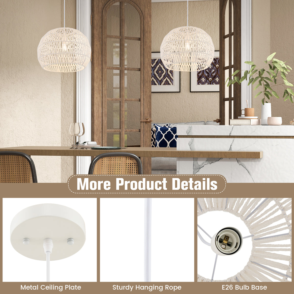 Beige Round Farmhouse Rattan Pendant Light with Adjustable Rope - 12 Inch