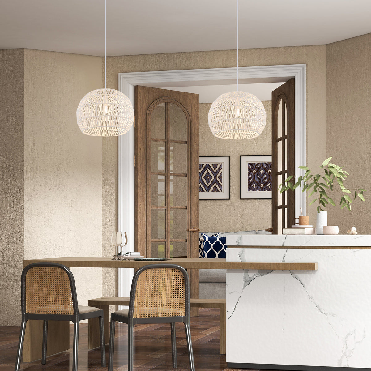 Beige Round Farmhouse Rattan Pendant Light with Adjustable Rope - 12 Inch