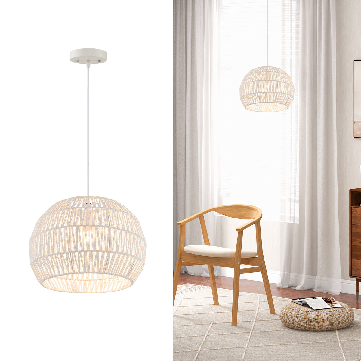 Beige Round Farmhouse Rattan Pendant Light with Adjustable Rope - 12 Inch