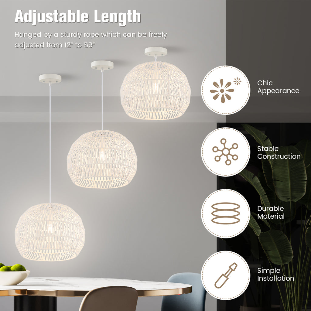 Beige Round Farmhouse Rattan Pendant Light with Adjustable Rope - 12 Inch