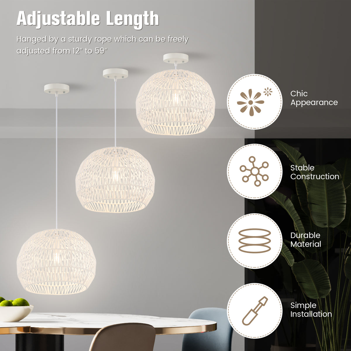 Beige Round Farmhouse Rattan Pendant Light with Adjustable Rope - 12 Inch
