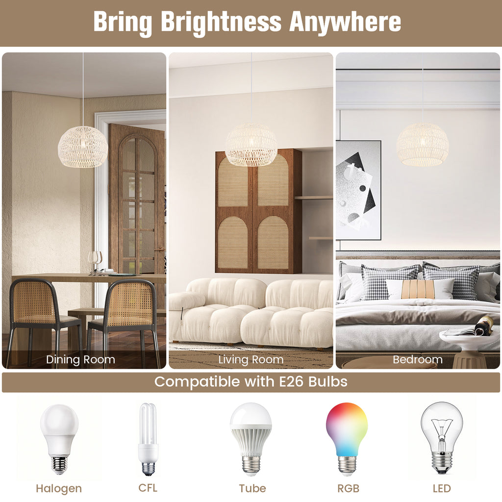Beige Round Farmhouse Rattan Pendant Light with Adjustable Rope - 12 Inch