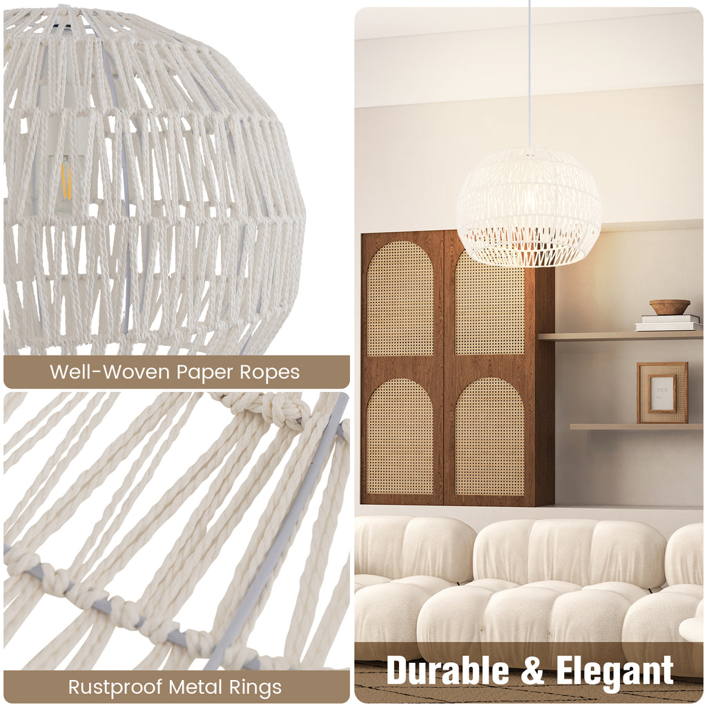 Beige Round Farmhouse Rattan Pendant Light with Adjustable Rope - 12 Inch