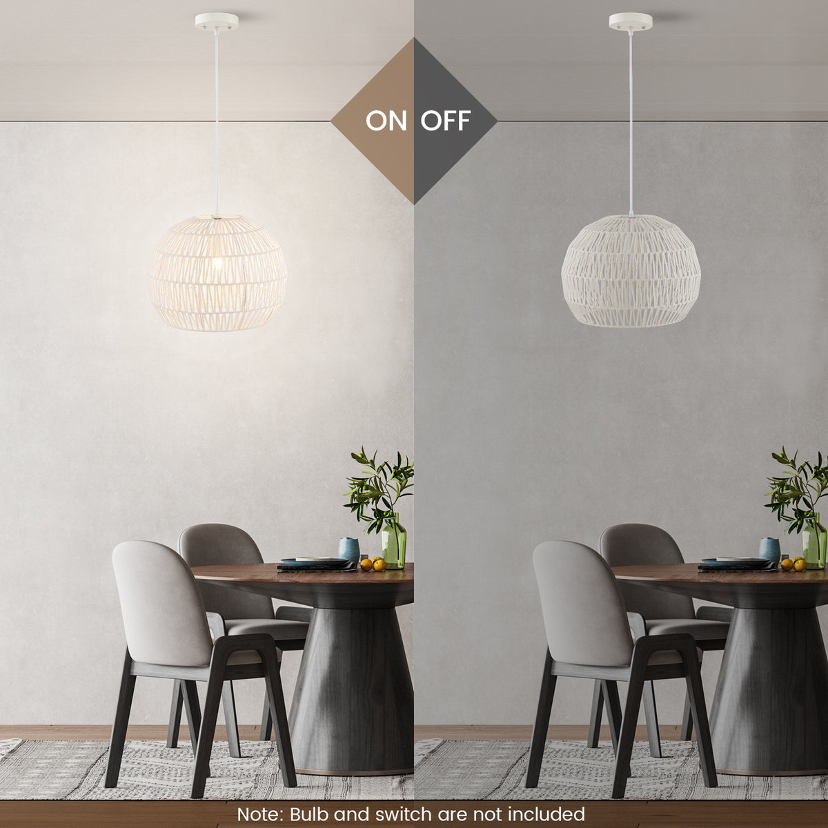 Beige Round Farmhouse Rattan Pendant Light with Adjustable Rope - 12 Inch