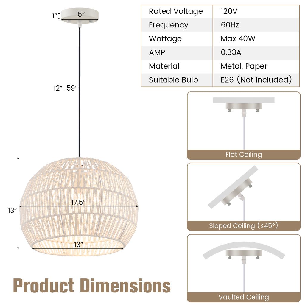 Beige Round Farmhouse Rattan Pendant Light with Adjustable Rope - 12 Inch
