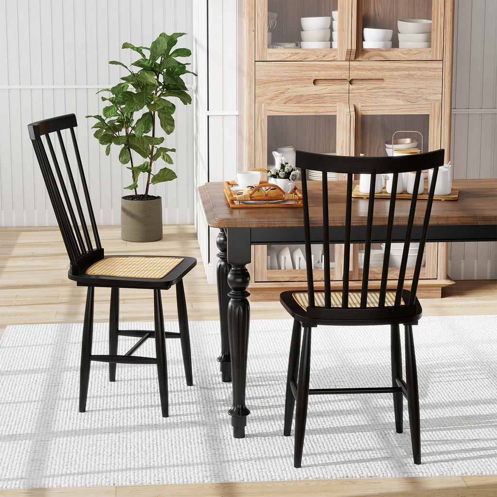 Farmhouse Dining Chairs Set of 2, Rubber Wood with Rattan Seat - Black